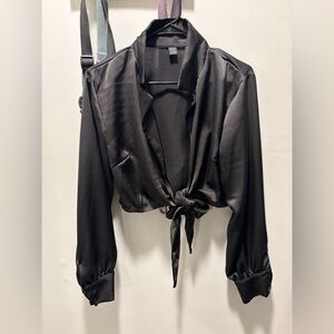 SHEIN Black Satin Tie-Front Blouse